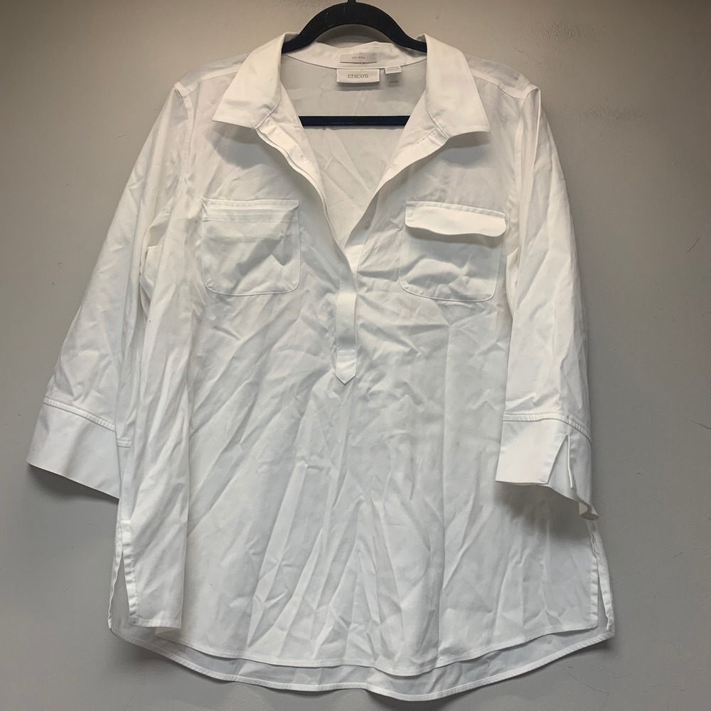 Chico's No-Iron Tunic Shirt Women Size 2 White Excellent 3/4 Sleeve 9851